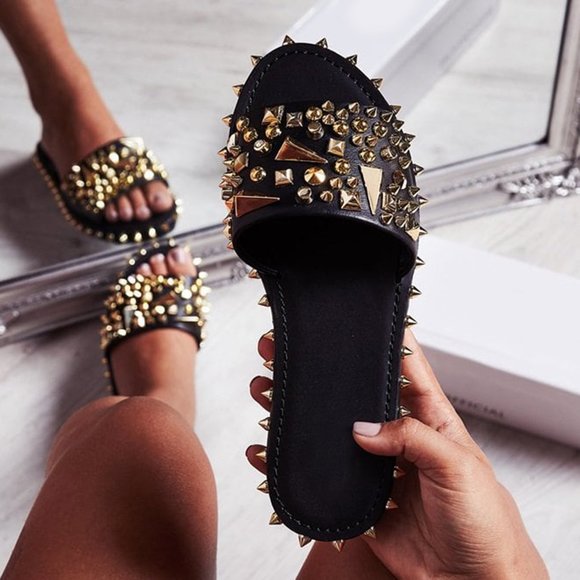 Cape Robbin Shoes - NEW🔥Jeweled Spike Studded Slide Sandal Flip Flops